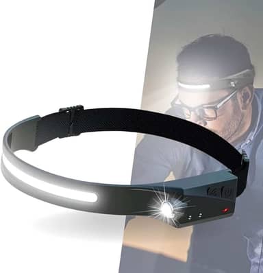 Lanterna de Cabeça LED Recarregável USB com Sensor de Movimento, Iluminação 230° COB, IPX4 Resistente à Água, Leve e Ajustável para Camping, Trilhas, Corrida e Trabalho