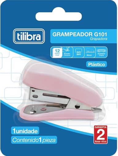 Tilibra - Grampeador 12 Folhas Mini com Extrator G101, Rosa Claro