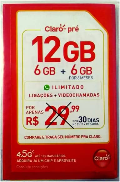 CHIP CLARO PREZÃO MENSAL + RECARGA 12GB - Confira os DDD´s