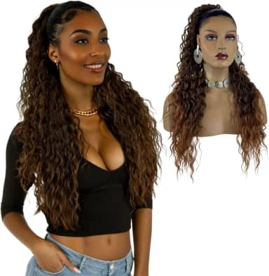 Rabo de Cavalo Cacheado Longo | Aplique e Extensão de Cabelo Bio Fibra Premium Modelo Jacy Ser Mulher 70cm | Acessórios de Cabelo Leve e Confortável (Degradê Castanho/Loiro Escuro)