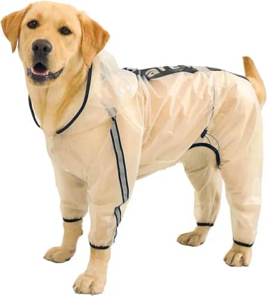 Olsa Capa de chuva para cães, poncho com capuz para cães, jaqueta de chuva de 4 pernas com faixa refletiva, roupa de chuva transparente resistente à água para neve para pequeno, médio e grande