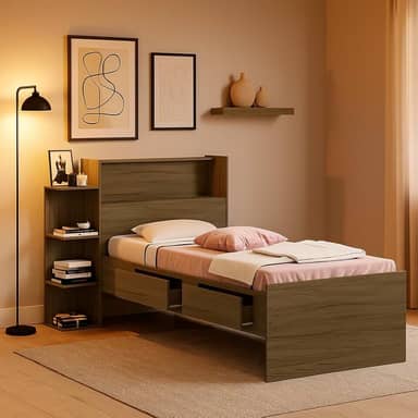 Cama Solteiro Isa Com Baú e Nichos (Castanho)