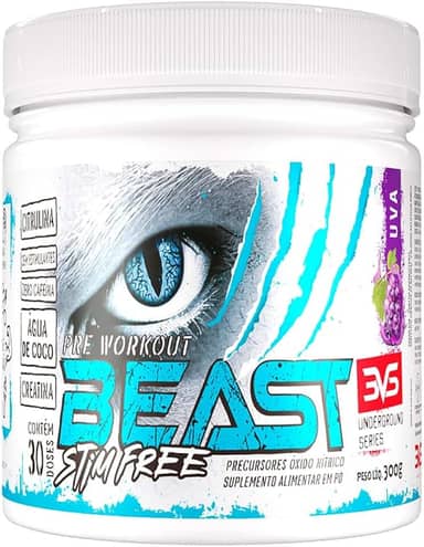 3VS Nutrition Pre Treino BEAST STIM FREE 300g - Sem Cafeína - Com Citrulina, Beta Alanina, Creatina, Arginina, Taurina e Tirosina 300gr, Sabor Uva