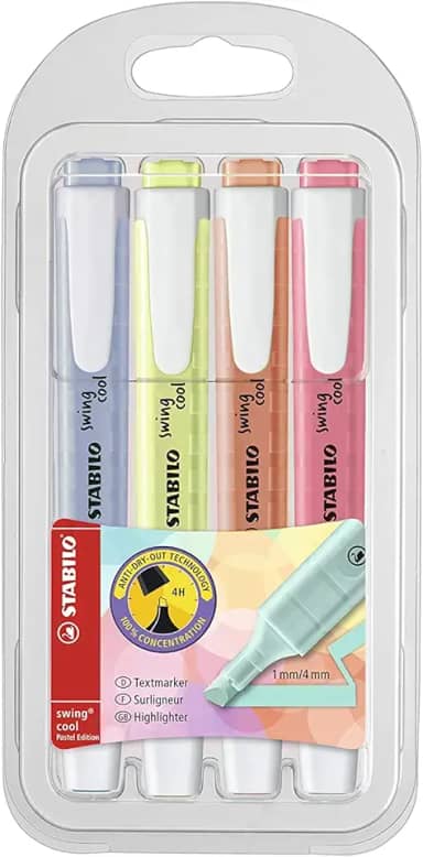 Marca-Texto – STABILO Swing Cool Pastel – Estojo com 4 unidades – Em 4 cores