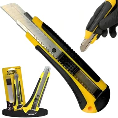 Estilete Retrátil Profissional 18mm com 3 Lâminas de Reposição - Trava de Segurança Cabo Emborrachado Ergonômico Antiderrapante Alta Precisão Corte Papel Plástico Couro Artesanato Embalagens