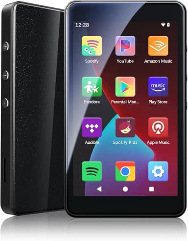Leitor de MP3 de 96 GB com Bluetooth e WiFi, leitor de música Android 14 com Play Store, Spotify, Pandora, Audible, Libby, MP3 e MP4 de tela plana de 4 polegadas para crianças com modo de cuidados com