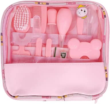Kit Higiene e Cuidados para Bebê Recem Nascido 13 Peças + Bolsa – Termômetro de agua, Aspirador Nasal, Cortador de Unhas, Escova, Pente e Mais