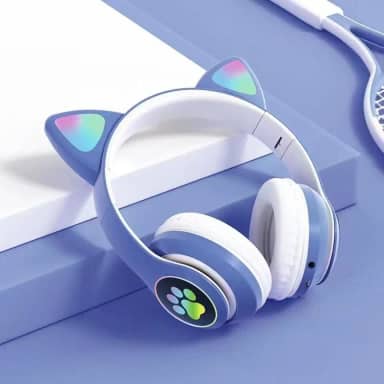 Fone de Ouvido Infantil Bluetooth com Orelhas de Gato, LED RGB, Dobrável, Ajustável, Design Kawaii para Crianças (Azul)