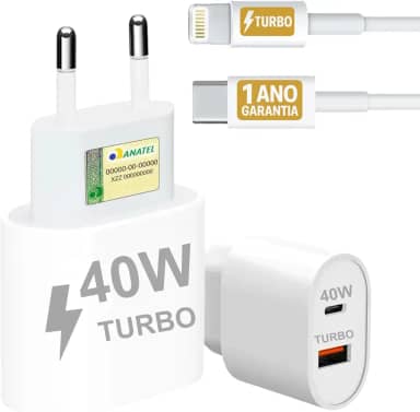 Carregador Turbo 40W Compatível iPhone 7 8 X XR XS 11 12 13 14 Pro Max Plus iPad iOS Cabo USB-C Lightning Duas Saídas USB-A Tipo-C Carga Rápida PD Ultra Resistente Premium Original Potente 10CLICK®