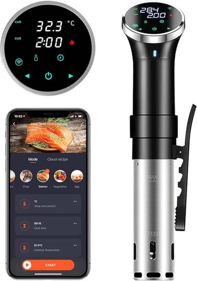 Fogão Sous Vide WiFi, fogão de precisão de 1100 W, máquina de cozinhar em banho de água lenta com faixa de temperatura de 25 a 95 °C e controle de temporizador, circulador de imersão térmica