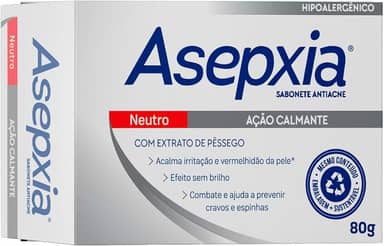 Asepxia Sabonete Neutro 80g — Hipoalergênico | Limpeza Profunda e Suave | Controla a Oleosidade e Acalma a Pele Sensibilizada | Previne Espinhas