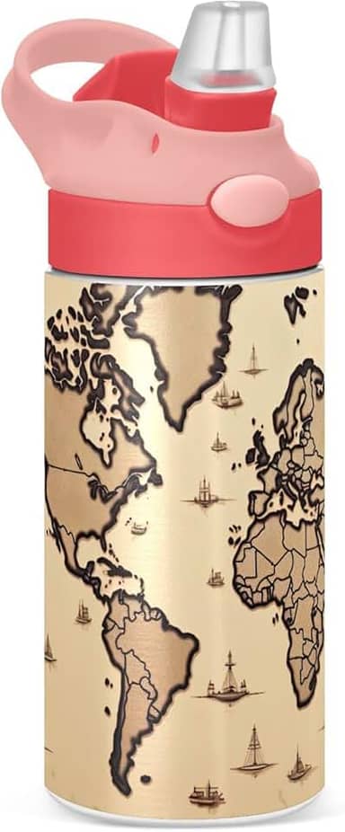 Garrafa de água infantil isolada com tampa de palha, garrafas de água de aço inoxidável para crianças, 355 ml, mapa do mundo marrom