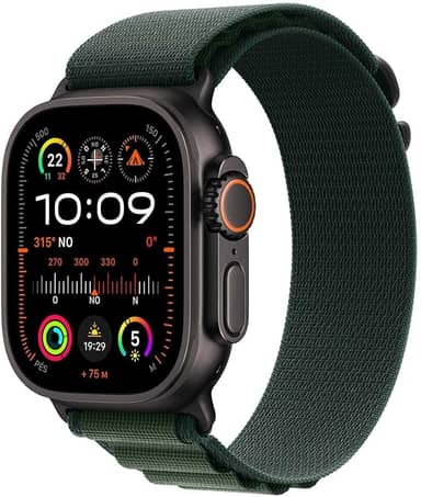 Apple Watch Ultra 2 GPS + Cellular • Caixa preta de titânio – 49 mm • Pulseira loop Alpina verde-escura – P