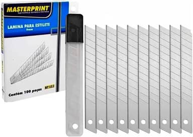 100 Peças Lâmina Estilete 9mm Masterprint Segmentadas Em Aço