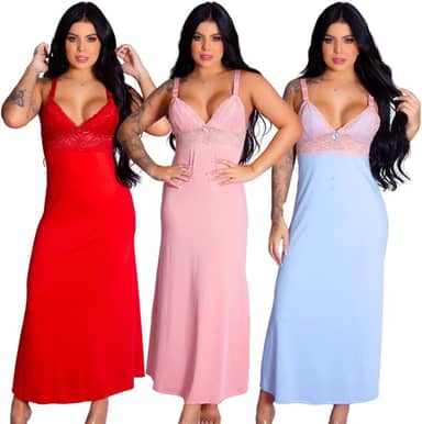 Kit 3 Camisolas Longas de Amamentação Elegante Confortável Vestido de Dormir Prático Lingerie Maternidade