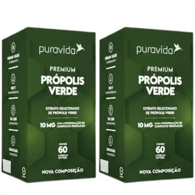 Kit 2 Unidades Própolis Verde Premium Puravida | 60 Cápsulas Softgel por pote | 10mg Compostos Fenólicos | Extrato Concentrado Alecrim do Campo | 4x Mais Polifenóis | Suplemento Natural Brasil | Pack Economia 60 Dias