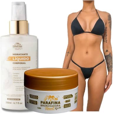 Parafina Bronzeadora Gold 120g, Hidratante e Biquíni Completo em tecido para marquinha tipo fita