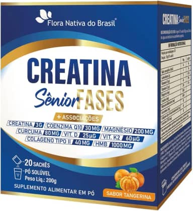 Creatina Sênior Fases (Colágeno Tipo 2, Vit D3+K2, Magnésio, Q10, HMB e Cúrcuma) 20 sachês - Flora Nativa (200g, Tangerina)