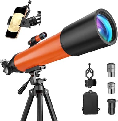 USCAMEL Telescópio para adultos de alta potência: refrator astronômico portátil de 90 mm para iniciantes de 8 a 12 anos - tripé e suporte de telefone para fotografia de observação de estrelas em