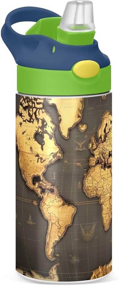 Garrafa de água infantil isolada com tampas de canudo Garrafas de água de aço inoxidável para crianças Mapa do Mundo de 350 ml