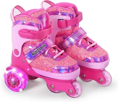 Nattork Patins infantis, 4 tamanhos ajustáveis, patins de três rodas para meninas de 3 a 7 anos com rodas divertidas e proteção de segurança - presente de aniversário para esportes internos e externos