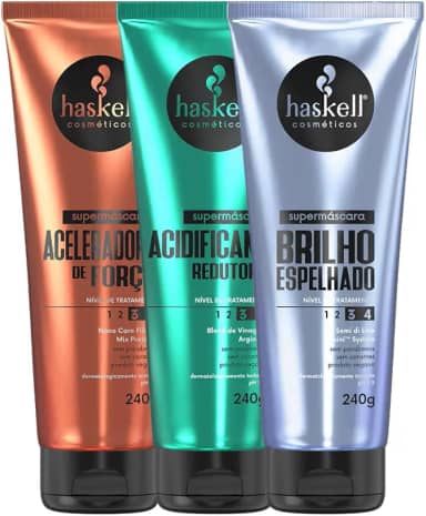Kit Supermáscaras Haskell Acidificante Redutor de pH, Brilho Espelhado e Aceleradora de Força 240g