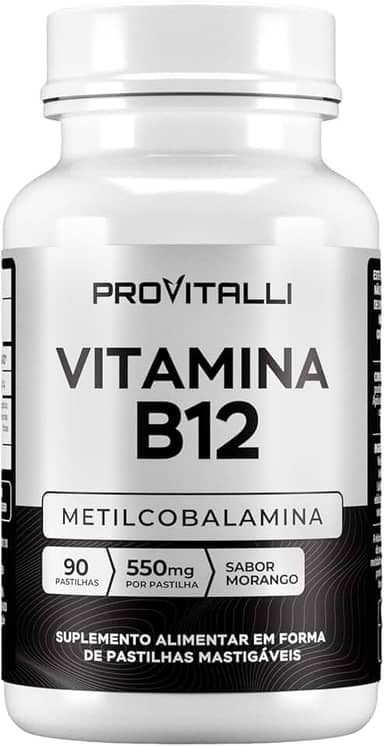 Vitamina B12 Metilcobalamina 90 Comprimidos Mastigáveis | Provitalli | Alta Absorção e Biodisponibilidade | Suporte para Energia, Foco e Sistema Imunológico | 550mg 9,94mgc | Sabor Morango