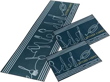 Jogo Tapete Passadeira 3 Pçs Antiderrapante Emborrachado Capacho Cozinha Talheres Listrado Preto Macio