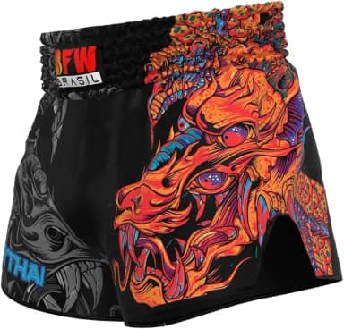 Short Muay Thai Calção Modelo Tailandês Unissex - Dragão New Laranja (BR, Alfa, XG, Plus Size, Regular)