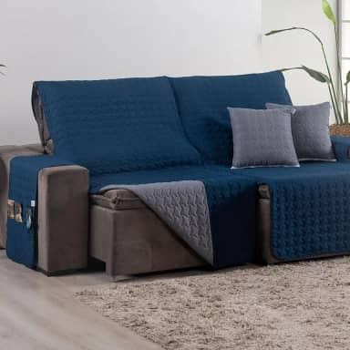 Capa para Sofá Retrátil 3 Lugares 1,80m 400 Fios + 2 Capas de Almofada | Protetor de Sofá Reclinavel com Bolso Lateral (Marinho/Cinza)