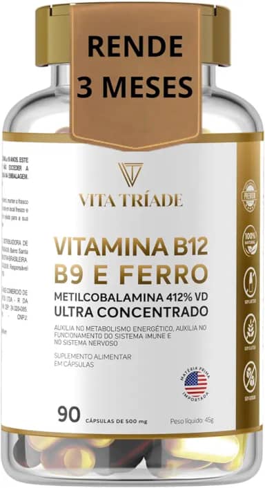Vitamina b12 Metilcobalamina 412% 9,9mcg + Acido Fólico 150% + ferro 100% - 90 Cáps - Vita Tríade
