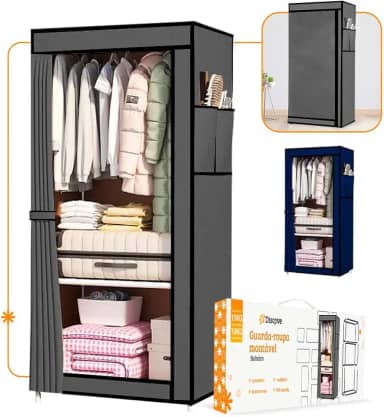 Guarda Roupa Dobrável Armário Organizador Portátil Grande (Cinza - Solteiro)