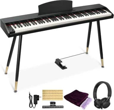 Piano Digital VEDO RS25 88 Teclas Semi-Ponderado em Madeira para Iniciantes - Kit Completo com Suporte para Partituras, Pedal, Fone de Ouvido, Capa para Teclado e Adesivos, Compatível com USB-MIDI