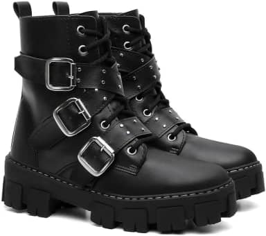 Coturno Gótico Feminino com 3 Fivelas, Preto, Plataforma Tratorada, Cadarço e Solado Grosso, Estilo Punk Rock