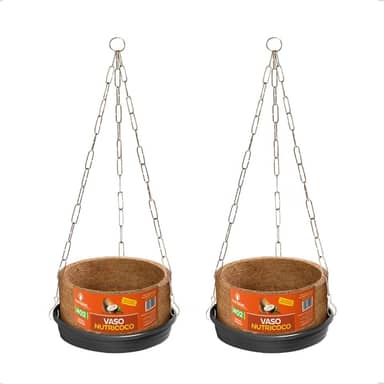 Kit 2 Vaso Planta Completo Fibra Coco Pendurar Prato Corrente N2 Médio Samambaia Orgânico Nutriplan