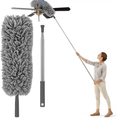Espanador de Pó Extensível 2,80 Metros Microfibra Cabo de Aço Inoxidável Ajustável Haste Flexível Retrátil Limpeza de Áreas Altas e Locais Difíceis Limpador de Tetos Armários Ventiladores Persianas