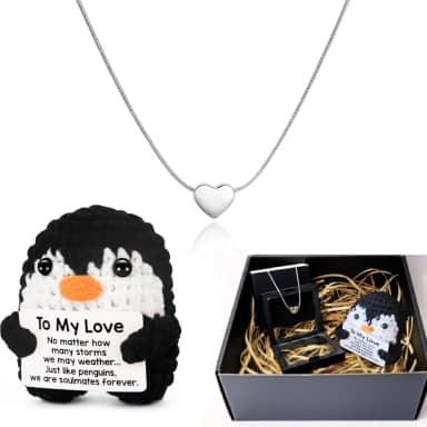 Presente Feminino Romântico Inesquecível Namorada Esposa Dia dos Namorados - Kit Pinguim de Crochê e Colar de Coração em Aço Inoxidável - Embalagem Premium para Surpreender