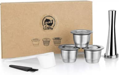 Cápsulas de café recarregáveis de aço inoxidável Espr*sso, cápsulas de café reutilizáveis compatíveis com Nespr*sso Original Line Brewers 4Y Crema New Generation (3 cápsulas + 1 adulterador)