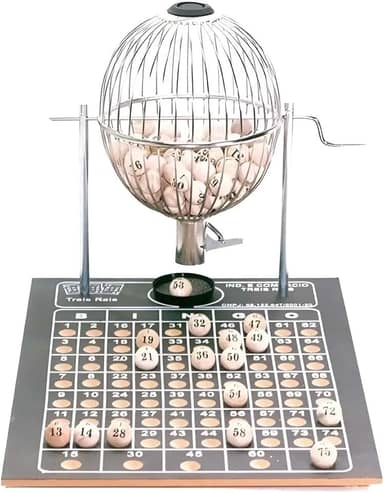 Kit Jogo de Bingo Profissional com Globo Metálico N°2 Médio, 75 Bolinhas, 300 Cartelas