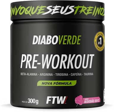 FTW Pré-Treino Diabo Verde em Pó com Cafeína, Aminoácidos Beta‑Alanina e Arginina para Treinos e Atividades Físicas - Pote 300 g (Sabor: Algodão Doce)