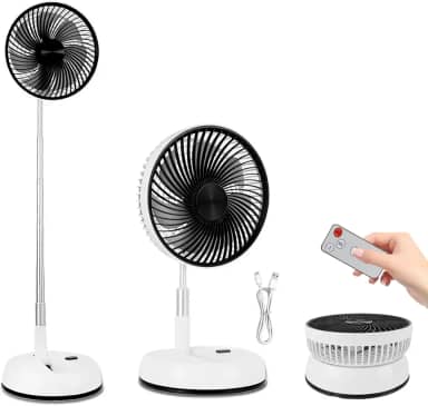 Hivento Ventilador Portátil, Alimentado por Bateria de 5400mAh, Ventilador Oscilante USB de Mesa e de Chão com Controle Remoto, Dobrável, Telescópico e Recarregável, 20CM (Branco)