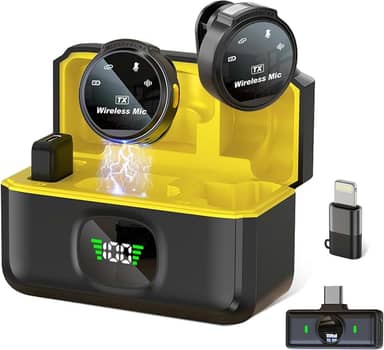 Microfone de Lapela Sem Fio Profissional com Base de Carregamento, Display LED, para iPhone/Android dispositivos com Lightning/USB-C,para vídeo, entrevista, vlog