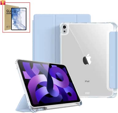 Capa Para iPad Air 4ª/5ª/M2/M3 Geração 10,9/11", Com Suporte a Caneta, Fundo Transparente para DIY/Anti Impacto/Auto Sleep/Premium Resistente Funcional (Azul Clara, Com Película de Vidro)