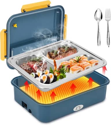 Marmita Eletrica, 1200 ml com 3 Compartimentos e Garfo em Aço Inoxidável, Marmita Eletrica Portatil Bivolt 110V-220V - Veicular 12V, Marmitas Elétrica