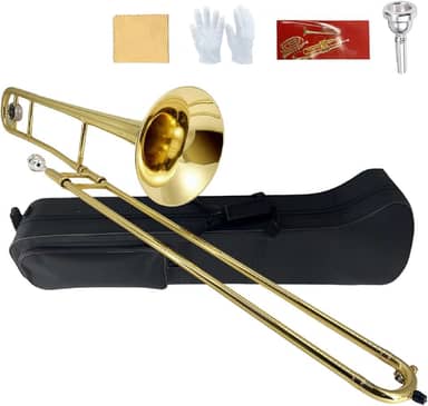 Trombone Bb Tenor Slide B Flat Gold Brass Plated Trombone para iniciantes e adultos com estojo de transporte de bocal, luvas brancas, pano de limpeza