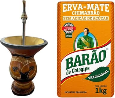 Kit Chimarrão Cuia Artesanal em Cerãmica Marrom + Bomba De Chimarrão Ferro Com Anel 25cm + Erva Mate Tradicional Barão de Cotegipe 1kg