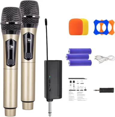 Microfone Sem Fio UHF Duplo Profissional - Receptor Incluso, Alcance Longo - Ideal para Karaokê, Festas, Palestras e Eventos (dourado)