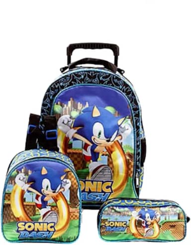 Kit Mochila Escolar Infantil Sonic Com Rodinhas