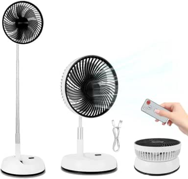 Hivento Ventilador Portátil com Bateria Interna de 5400mAh, Oscilação de 90°, Ventilador para Mesa e Piso, com Controle Remoto, Dobrável, Telescópico e Recarregável, 20 cm (Branco)