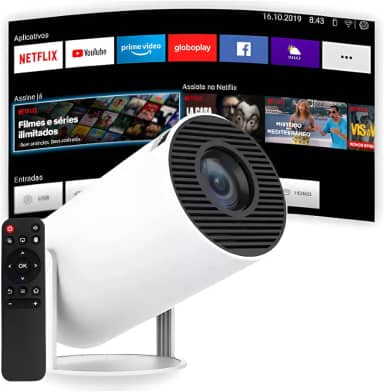 Mini Projetor Portátil 5G Wi-Fi 6 Bluetooth 5.0 Android 11 4K 1080P Full HD 8000 Lumens LED Auto Correção Trapezoidal Horizontal Rotação 180° Ideal para Projeções Cinemáticas